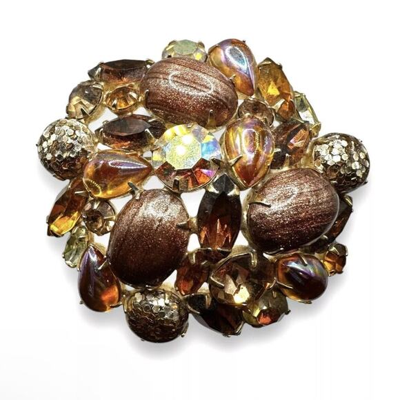 Vintage Topaz Glass Large Cluster AB Confetti Rhinestone Domed Brown Brooch